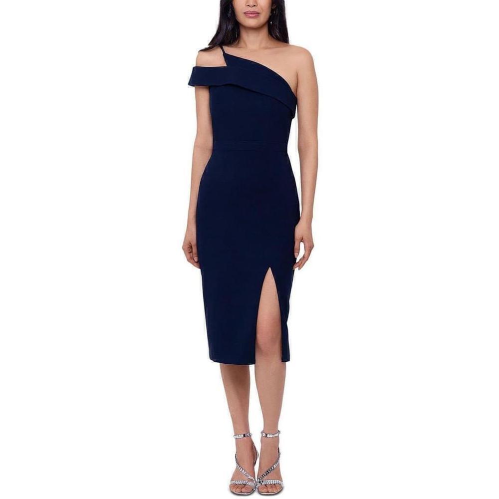 XSCAPE Navy Blue One Shoulder knit midi dress size 12